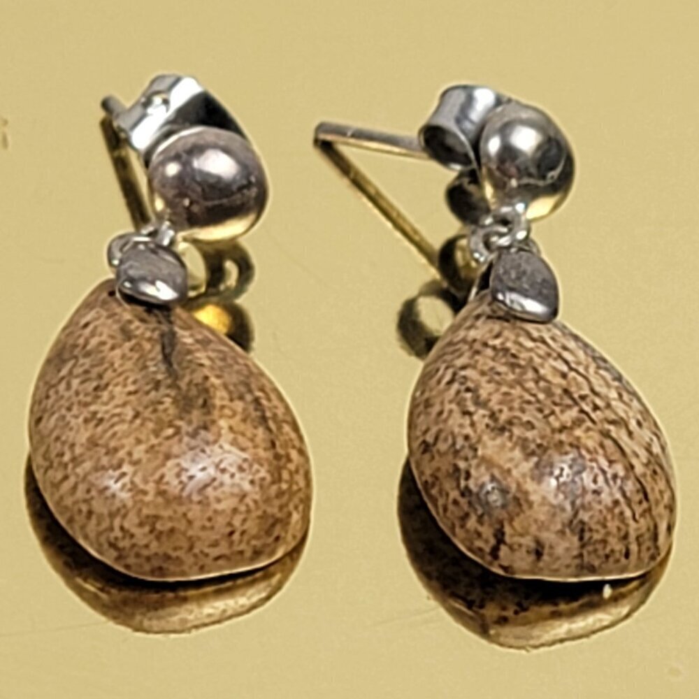 Vintage 925 Sterling Silver Brown Stone Drop Earrings 0.5" Pierced Post